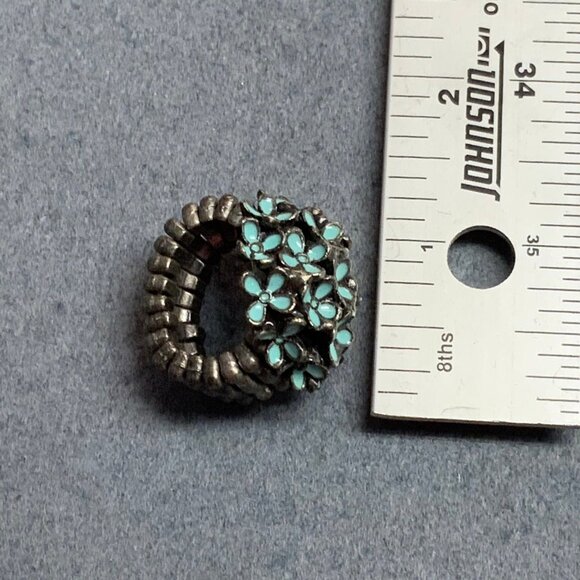 Flower Cluster Stretch Ring Size 6 Turquoise Blue Enamel Antiqued Silver Vintage - Picture 5 of 5